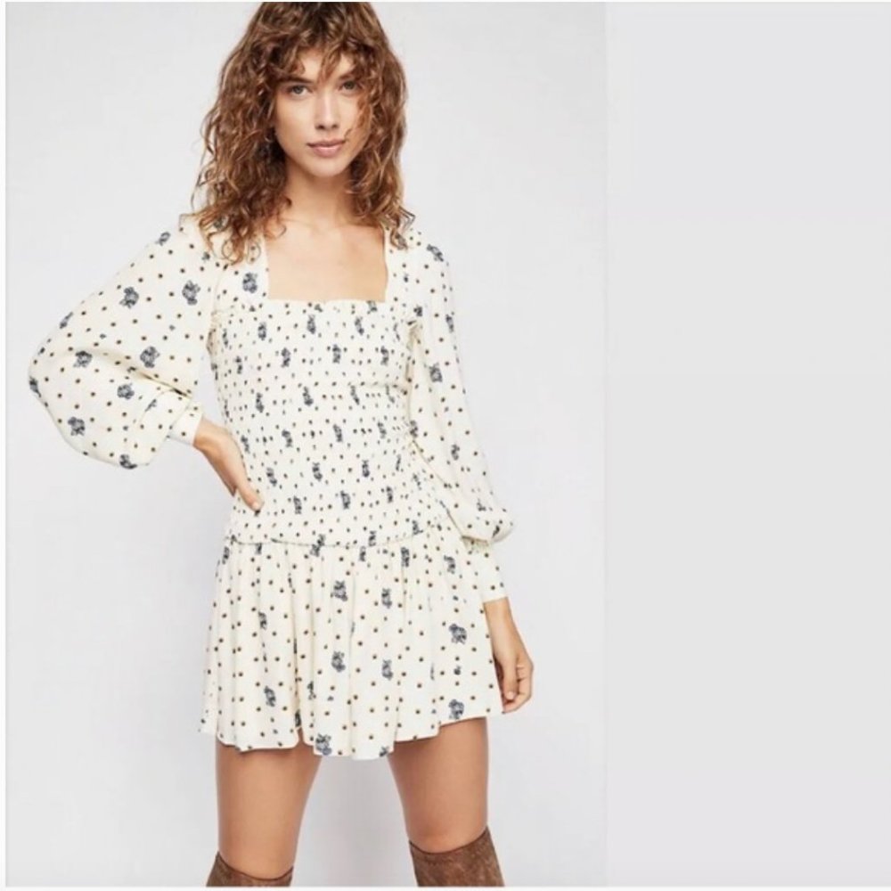 FREE PEOPLE creamy white Two Faces smocked long sleeve mini dress